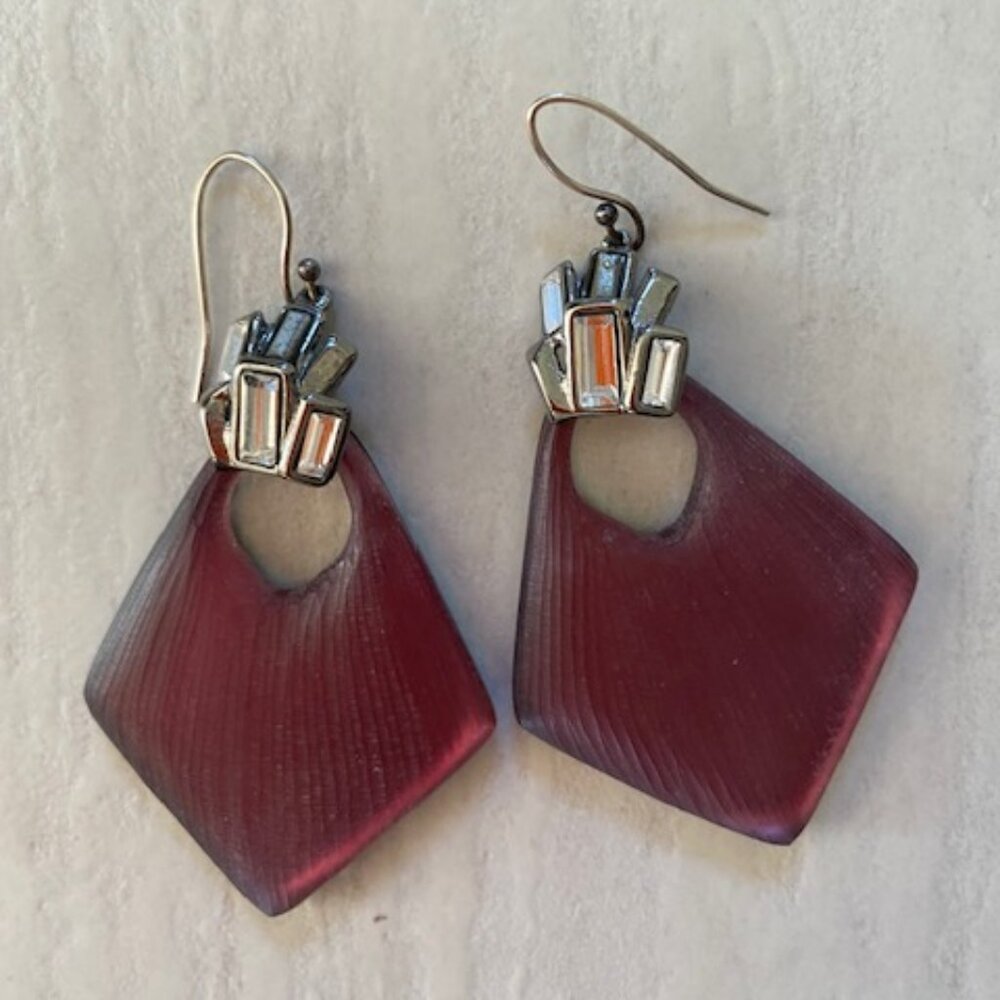 Alexis Bittar burgundy lucite earrings with crystals.